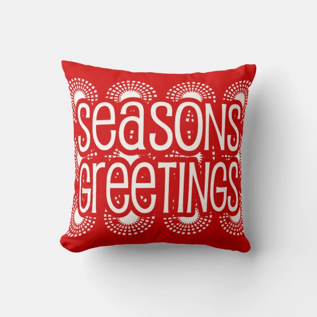 Square Red Seasons Greetings Throw Pillow Holiday Kissen (Vorderseite)