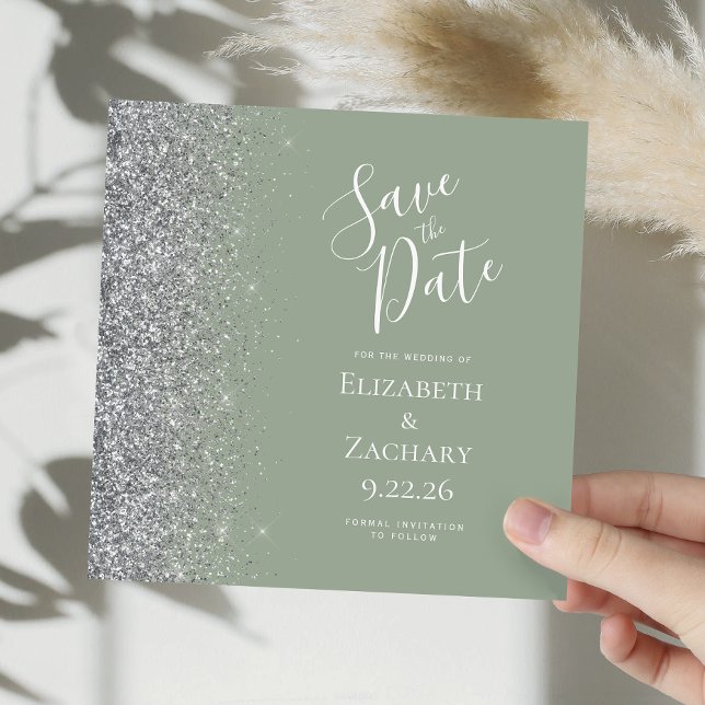Square Sage Green Silver Glitzer Save the Date Ankündigung (Von Creator hochgeladen)