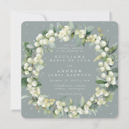 Square Seafoam Snowberry+Eucalyptus Wreath Wedding Einladung