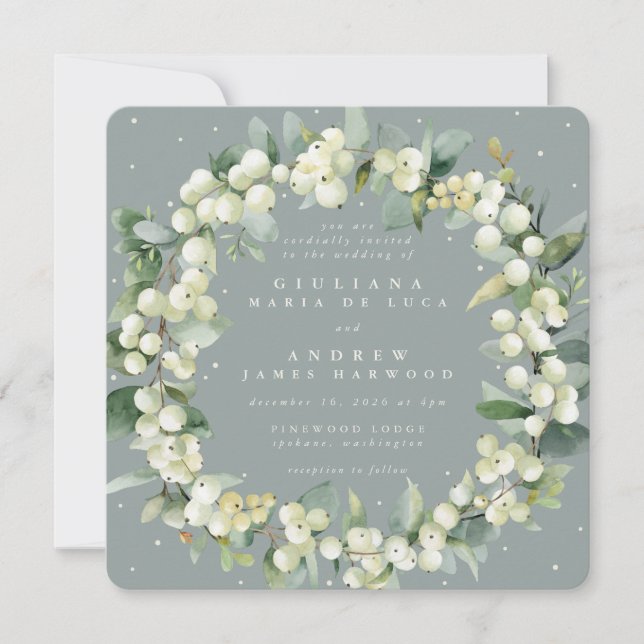 Square Seafoam Snowberry+Eucalyptus Wreath Wedding Einladung (Vorderseite)