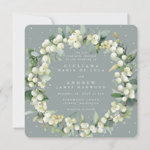 Square Seafoam Snowberry+Eucalyptus Wreath Wedding Einladung