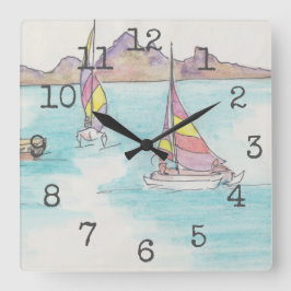Square Shaped Clock "Watercolor Boats Fiji" Quadratische Wanduhr