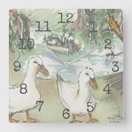 Square Shaped Clock "Watercolor Ducks at Parc" Quadratische Wanduhr