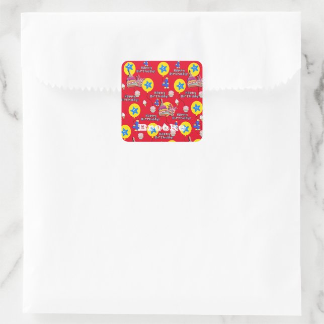 Square Stickers, Happy 4. Geburtstag Rot Quadratischer Aufkleber (Tasche)