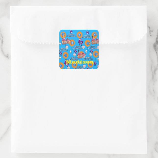 Square Stickers, Happy 6th Birthday Blue Quadratischer Aufkleber (Tasche)
