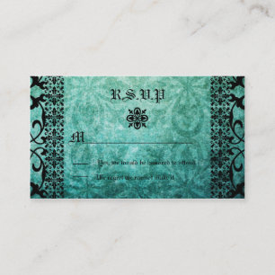 Square Verziert Green Damask Gothic Wedding RSVP Begleitkarte