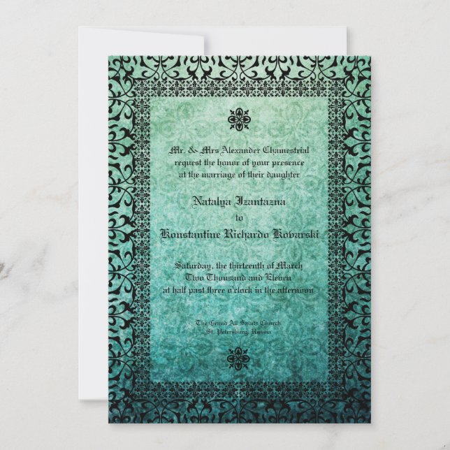 Square Verziert Green Damask Gothic Weditati Einladung (Vorderseite)