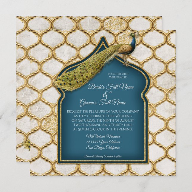 Square Vintag Peacock Arabesque Gold Wedding Einladung (Vorne/Hinten)