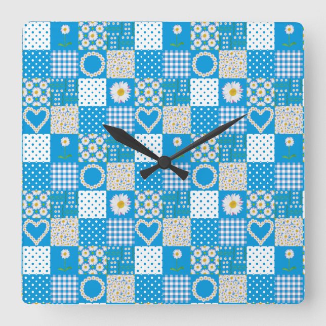 Square Wall Clock: Daisy Chains, Imitate Patchwork Quadratische Wanduhr (Vorderseite)