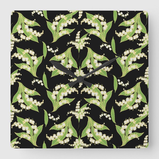 Square Wall Clock: Lilies of the Valley on Black Quadratische Wanduhr (Vorderseite)