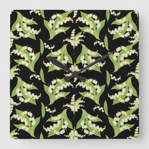 Square Wall Clock: Lilies of the Valley on Black Quadratische Wanduhr