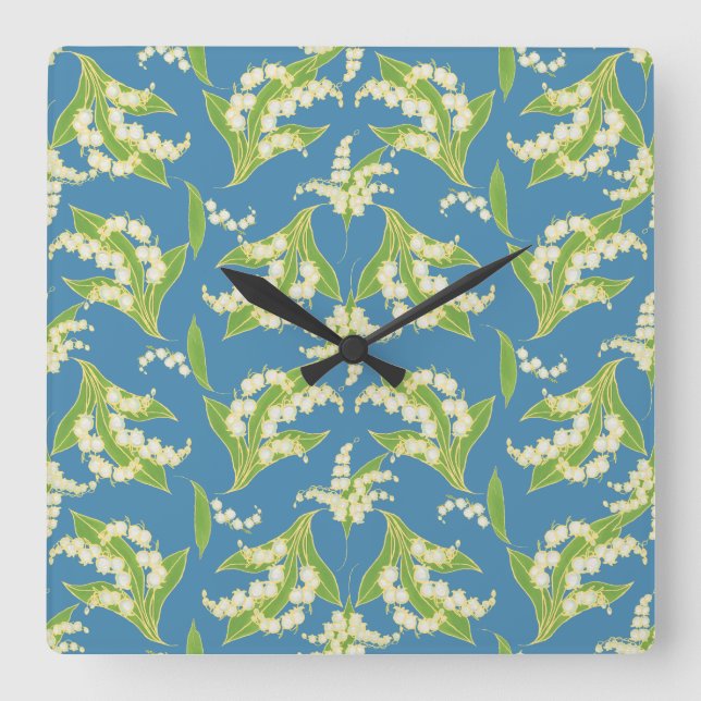 Square Wall Clock: Lilies of the Valley on Blue Quadratische Wanduhr (Vorderseite)