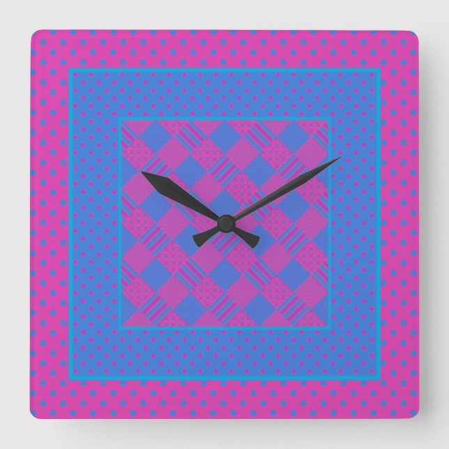 Square Wall Clock Mix'nMatch Magenta Blaues Muster Quadratische Wanduhr (Vorderseite)