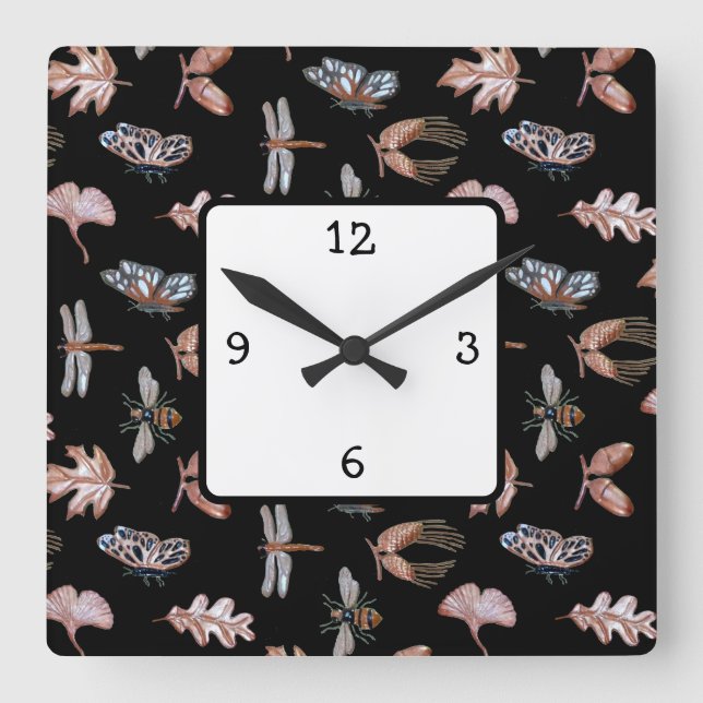 Square Wall Clock Nature Thema Kupfer & Schwarz Quadratische Wanduhr (Vorderseite)