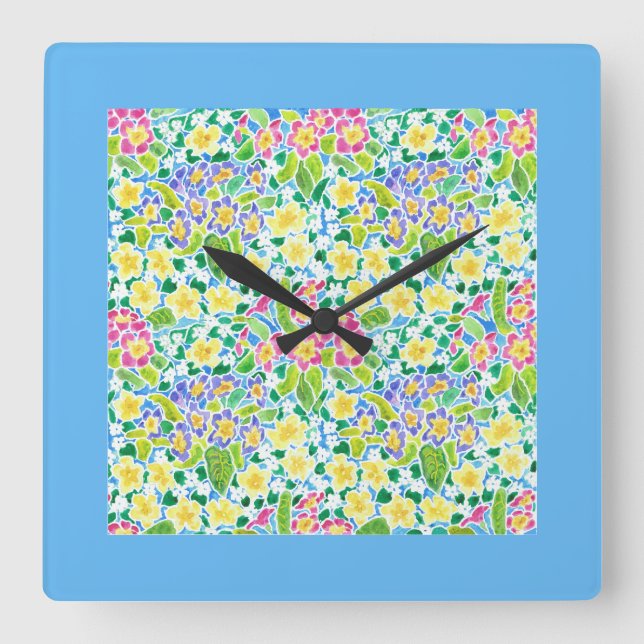 Square Wall Clock, Spring Primroses, Sky Blue Quadratische Wanduhr (Vorderseite)