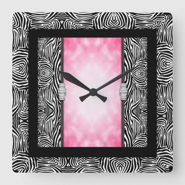 Square Wall Clock/Zebra Print und Diamonds Quadratische Wanduhr (Vorderseite)