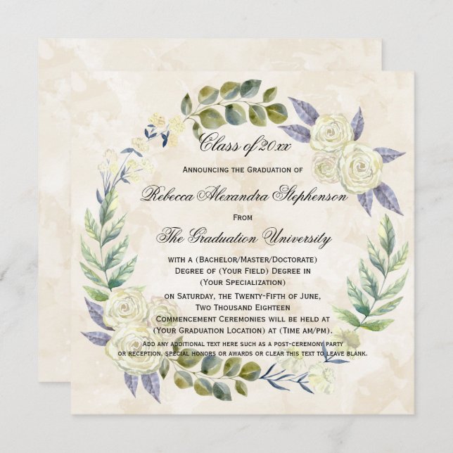 Square Watercolor Blumen Wreath Uni-Abschluss Einladung (Vorne/Hinten)