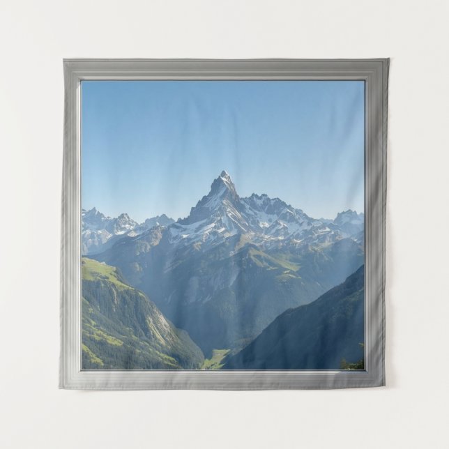 Square Window with Views of the Swiss Alps Wandteppich (Vorderseite)