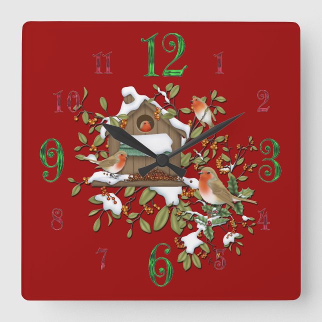 Square Winter Robin Bird House Wall Clock Quadratische Wanduhr (Vorderseite)