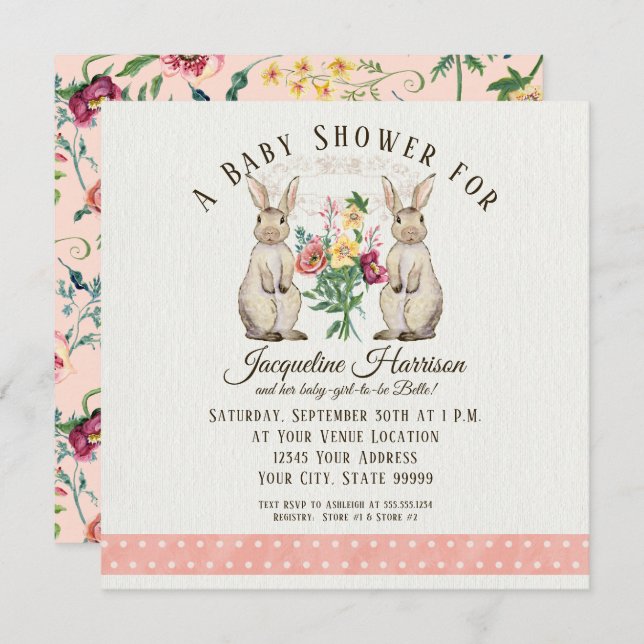 Square Woodland Fairy Tale Rabbit Girl Babydusche Einladung (Vorne/Hinten)