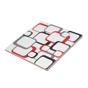 Squares Red Black Grey White Retro Keramik Tile Fliese