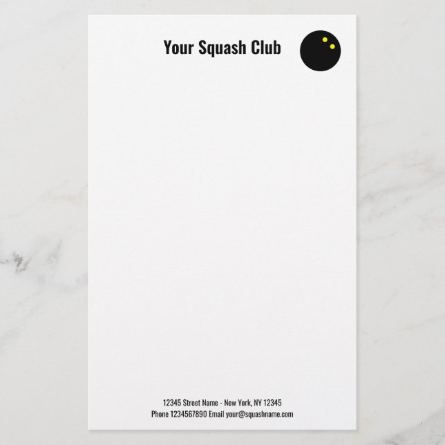 Squash Club Schreibwaren mit gelbem Punkkugel Logo Briefpapier (Vorderseite)