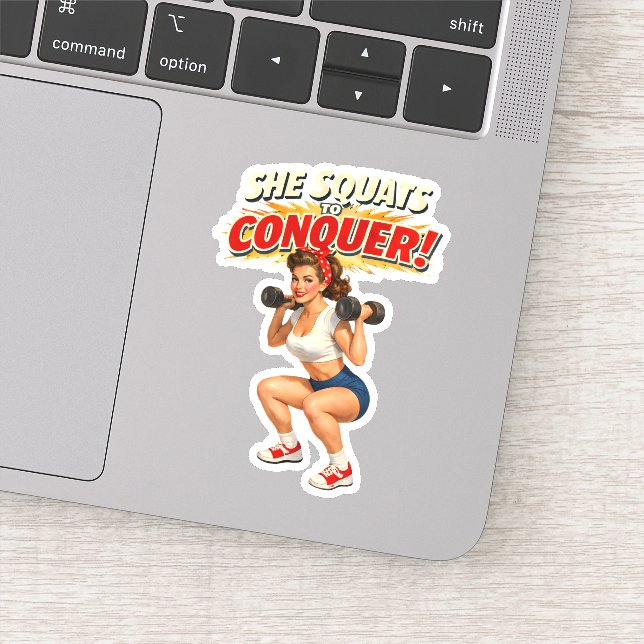 Squats To Conquer -Funny Retro Fitness Pin-Up- Gym Aufkleber (Detail)