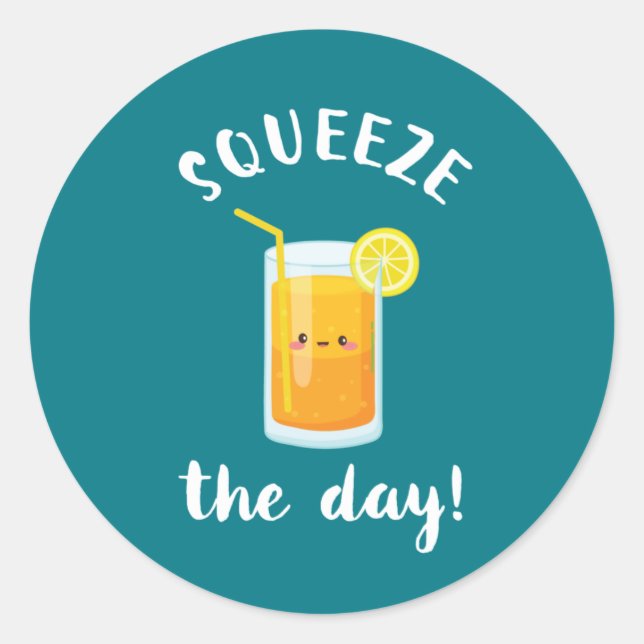 Squeeze the Day Funny Orange Juice Lover Puns Runder Aufkleber (Vorderseite)