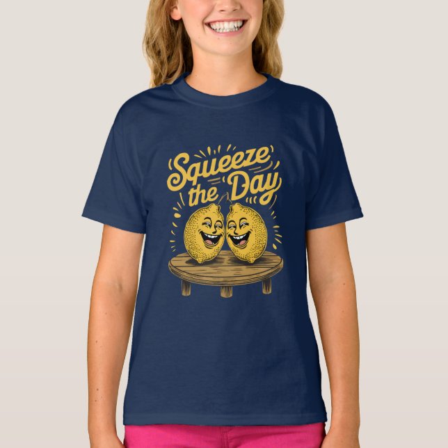 "Squeeze the Day" Lemon Motivation T-Shirt (Vorderseite)