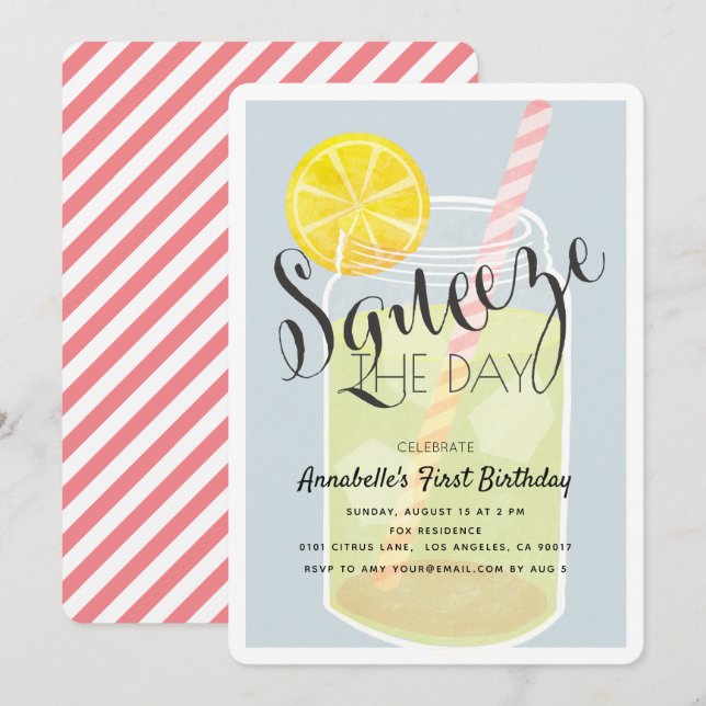 Squeeze the Day Lemonade Jar 1. Geburtstag Einladung (Vorne/Hinten)