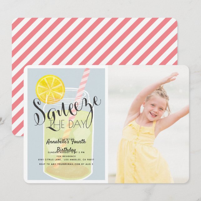 Squeeze the Day Lemonade Jar Birthday Foto Einladung (Vorne/Hinten)