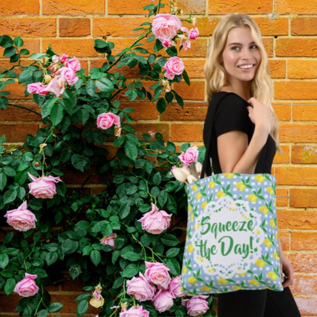 Squeeze The Day Yellow Lemons Blue White Check (Start the day with a squeeze!)