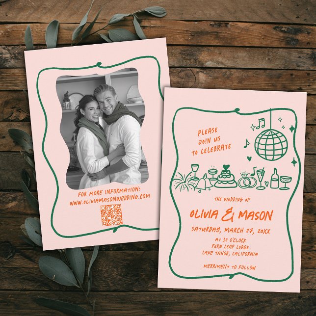 Squiggle Hand Gezeichnet Moderne Doodle Pink Hochz Einladung (hand drawn wedding invitation doodle illustration squiggle wavy frame modern funky unique pink)