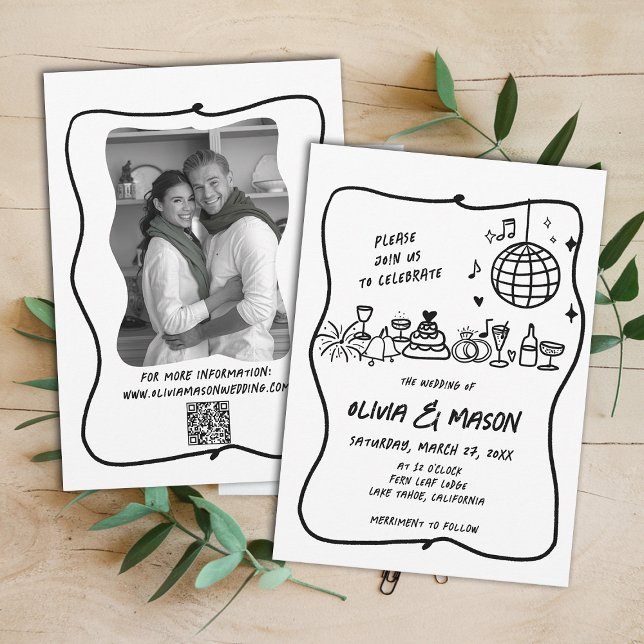 Squiggle Hand Gezeichnet Moderne Funky Einzigartig Einladung (hand drawn wedding invitation doodle illustration squiggle wavy frame black white modern)