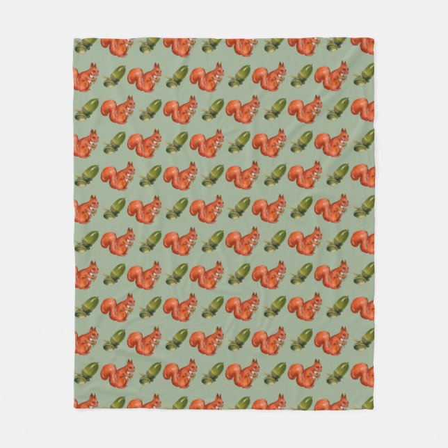 Squirrel and Acorn Pattern Green Fleecedecke (Vorderseite)
