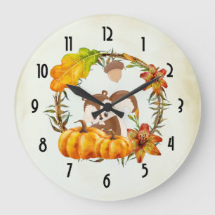 Squirrel and Pumpkins Rustic Wreath Große Wanduhr