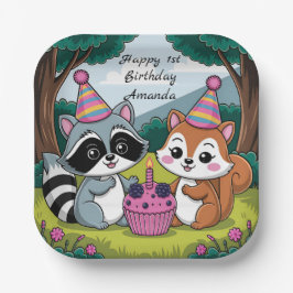 Squirrel and Raccoon cute Birthday Pappteller