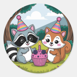 Squirrel and Raccoon cute Birthday Runder Aufkleber