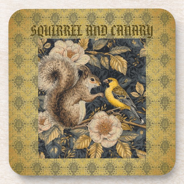 Squirrel and Yellow Canary with Flowers Pattern Getränkeuntersetzer (Vorderseite)