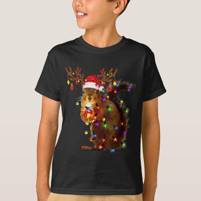 Squirrel Christmas Tree Lights Reindeer Santa Hat  T-Shirt (Vorderseite)