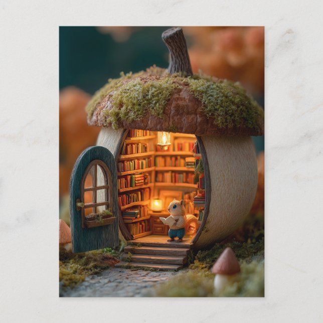 Squirrel Library Inside a Mossy Acorn House Postkarte (Vorderseite)