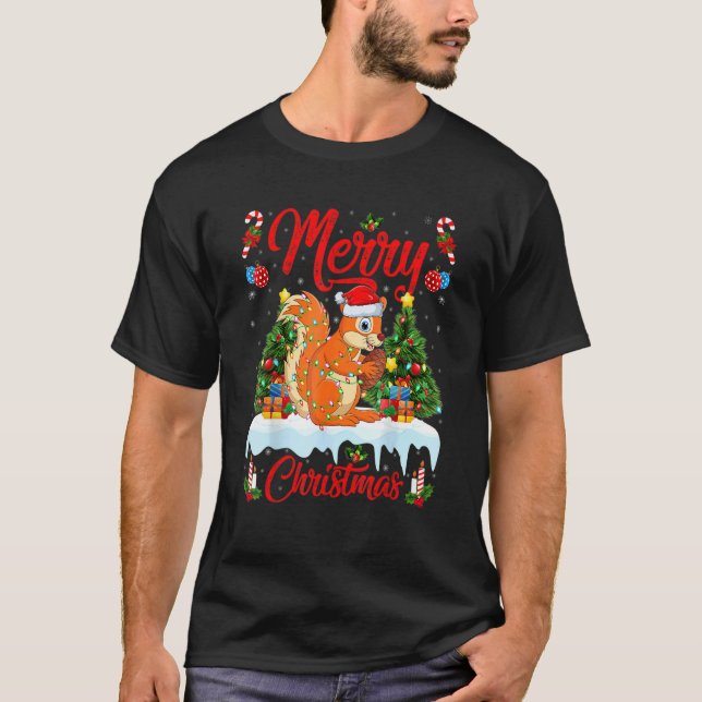 Squirrel Lights Xmas Tree Santa Squirrel Christmas T-Shirt (Vorderseite)