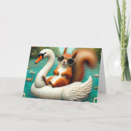 Squirrel on Floating Swan Funny Summer Vacation Karte