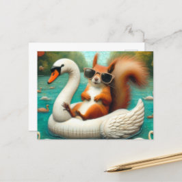 Squirrel on Floating Swan Funny Summer Vacation Postkarte