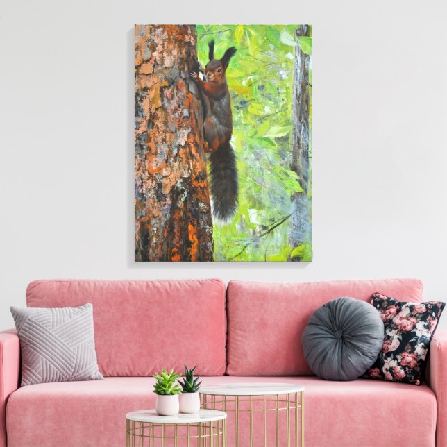 Squirrel on Pine Tree – Realistic Oil Painting Leinwanddruck (Insitu (Wohnzimmer))