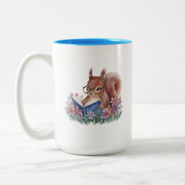 Squirrel Reading A Book Nestled In Flowers Zweifarbige Tasse