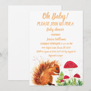 Squirrel Watercolor Baby Girl Boy Mushroom Red Einladung