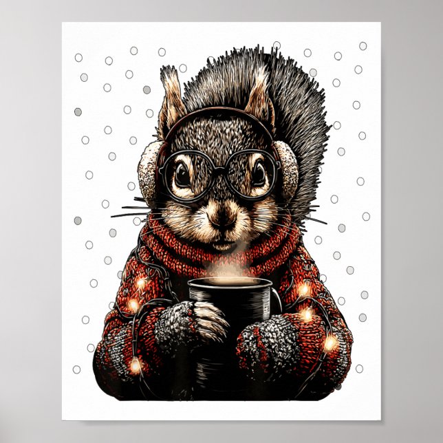 Squirrel With Gles Christmas Lights Funny Coffee W Poster (Vorne)
