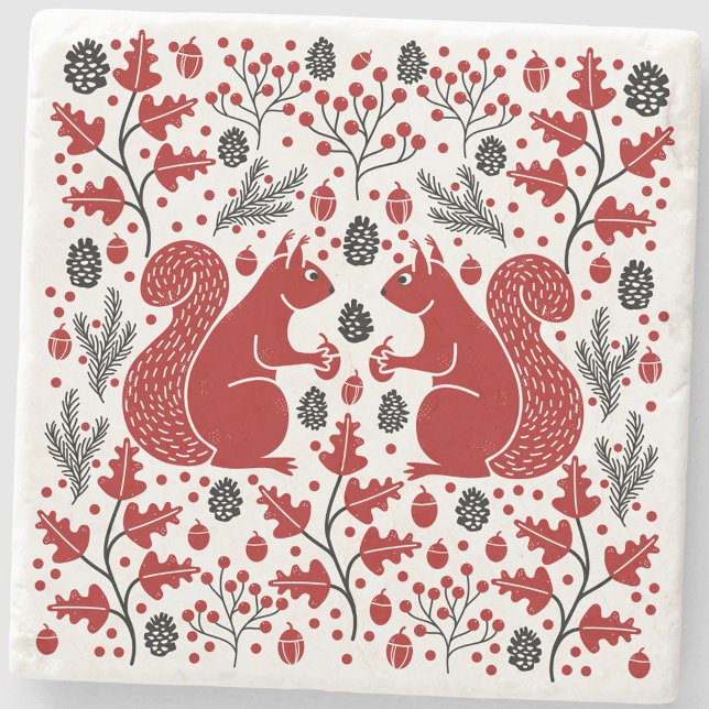 Squirrels in the Forest Art Steinuntersetzer (Squirrel in the Forest folk art woodland nature wildlife stone coaster)