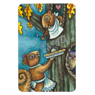 SQUIRRELS & OWL ERNTEDANK, HOMEMADE ACORN PIE MAGNET